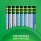 A green cardboard pencil box containing six pencils in colorful metallic shades of metallic and glitter blues with green erasers with yellow details on the metal. 