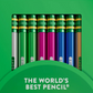 A green cardboard pencil box containing twelve pencils in metallic shades of magenta, navy blue, gold, silver, and green with green erasers with yellow details on the metal.