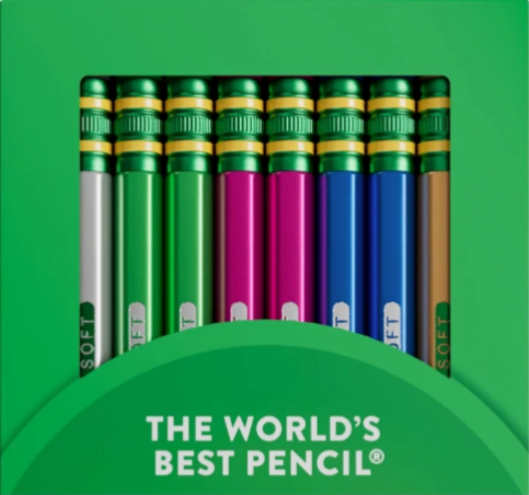 A green cardboard pencil box containing twelve pencils in metallic shades of magenta, navy blue, gold, silver, and green with green erasers with yellow details on the metal.