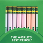 A green cardboard pencil box containing twelve HB#2 pencils in pastel shades of pink, peach, blue, purple, and green with green erasers with yellow details on the metal.