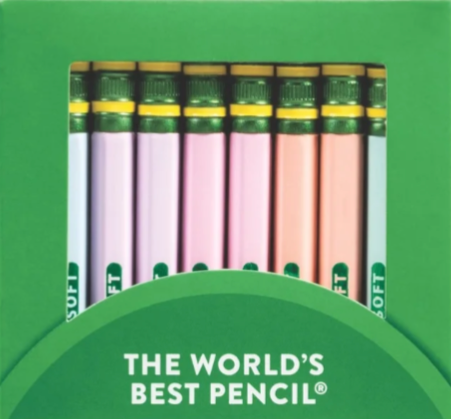 A green cardboard pencil box containing twelve HB#2 pencils in pastel shades of pink, peach, blue, purple, and green with green erasers with yellow details on the metal.